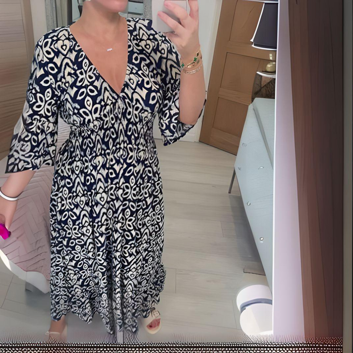 Robe Longue Bohème Imprimée Rouge et Blanc en Polyester – Robe Maxi Décontractée d'Été pour Femme-5
