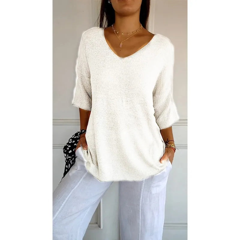 Haut Femme Détendu – Viscose, Col V & Manches 3/4 Élégantes