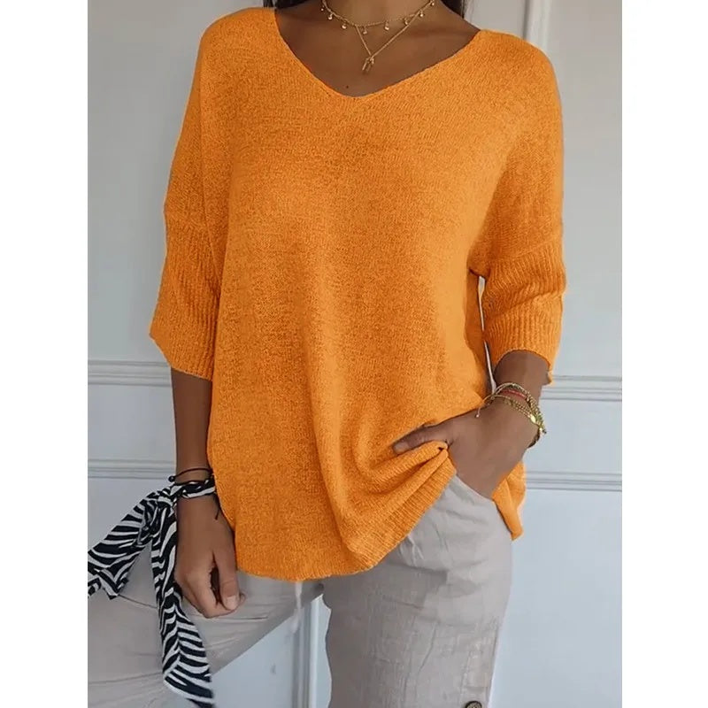 Haut Femme Détendu – Viscose, Col V & Manches 3/4 Élégantes