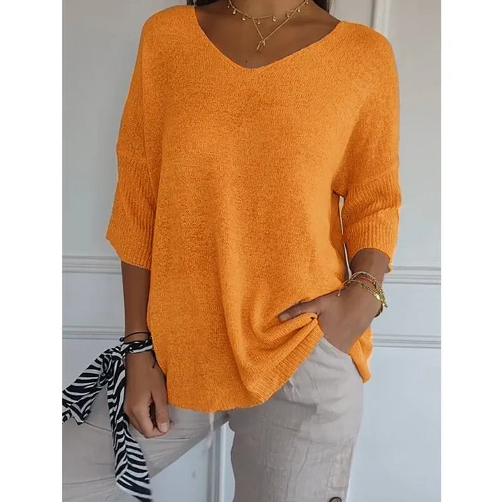 Haut Femme Détendu – Viscose, Col V & Manches 3/4 Élégantes