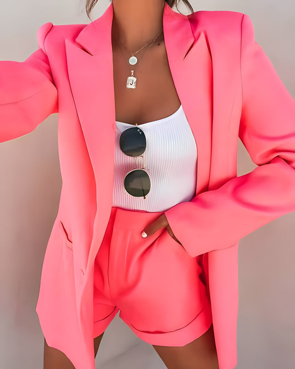 Ensemble Tailleur Femme Blazer et Short Élégant en Polyester - Style Décontracté et Confortable-2
