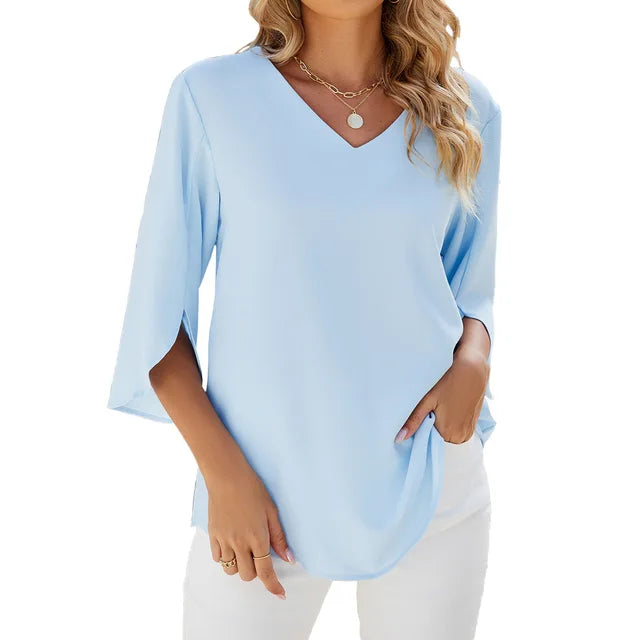 Chemisier Femme Chic Col en V Léger – Blouse Blanche Femme Confortable pour Jours Chauds-1