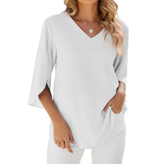 Chemisier Femme Chic Col en V Léger – Blouse Blanche Femme Confortable pour Jours Chauds-2