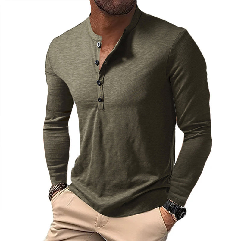 Tee Shirt Homme À Manches Longues Henley, Col Boutonné, Confort en Coton Doux – Style Décontracté-1