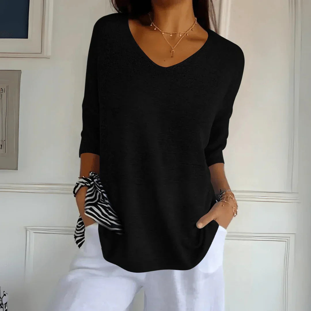 Variant image for Haut Détendu en Viscose et Polyester – Haut Élégant Col en V et Manches Trois Quarts pour Style Quotidien-49