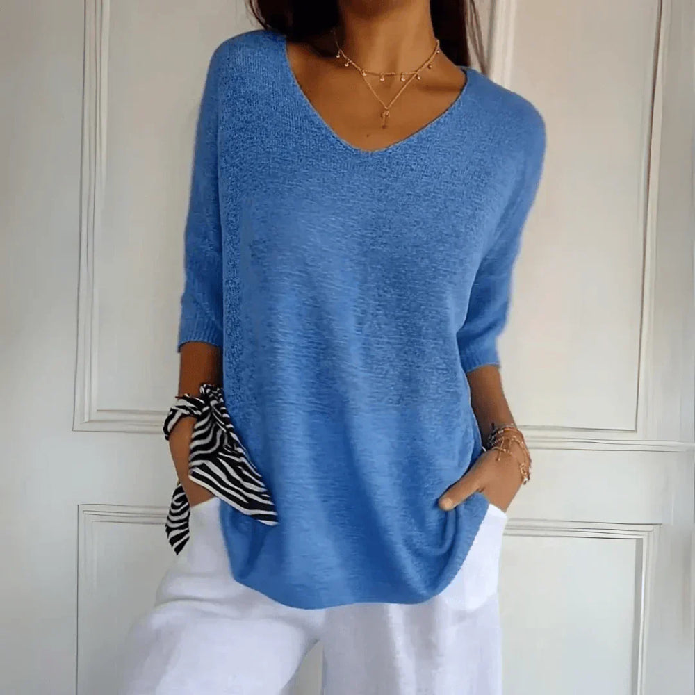 Haut Détendu en Viscose et Polyester – Haut Élégant Col en V et Manches Trois Quarts pour Style Quotidien-2