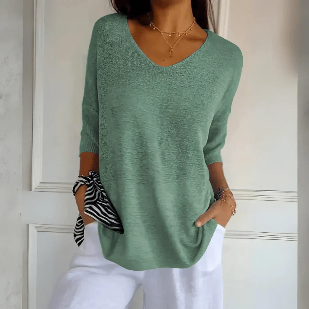 Variant image for Haut Détendu en Viscose et Polyester – Haut Élégant Col en V et Manches Trois Quarts pour Style Quotidien-33