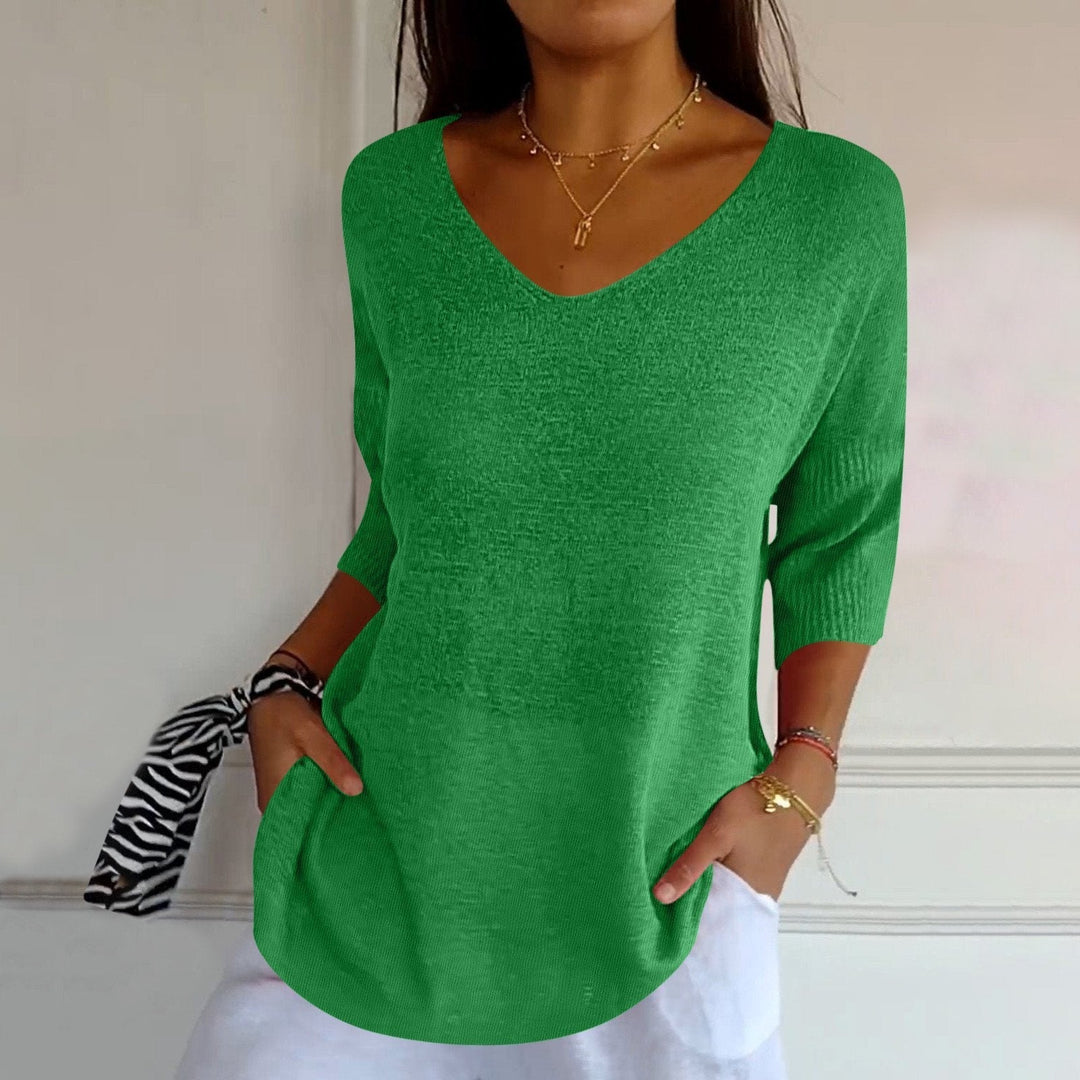 Haut Détendu en Viscose et Polyester – Haut Élégant Col en V et Manches Trois Quarts pour Style Quotidien-3