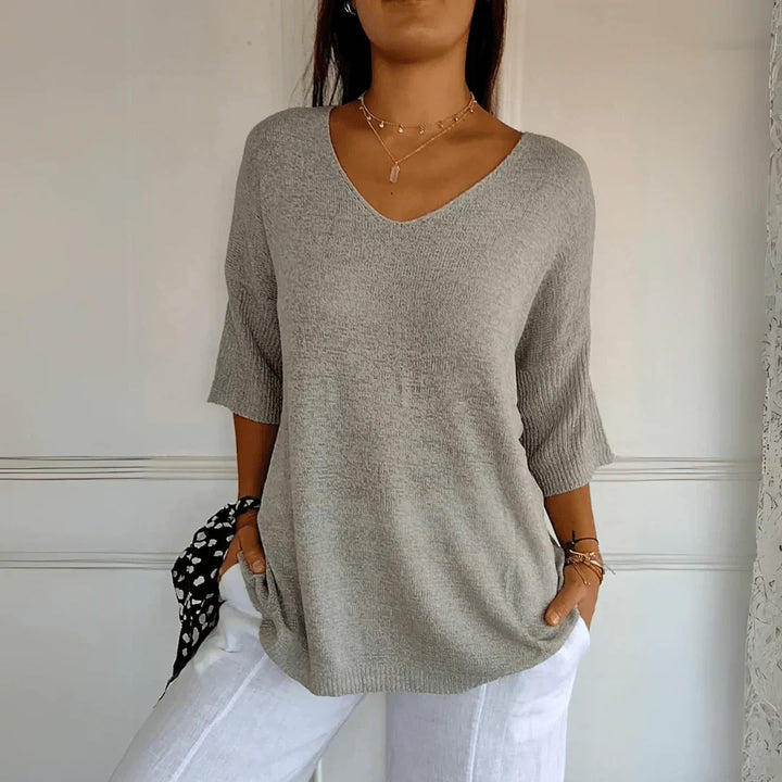 Variant image for Haut Détendu en Viscose et Polyester – Haut Élégant Col en V et Manches Trois Quarts pour Style Quotidien-57