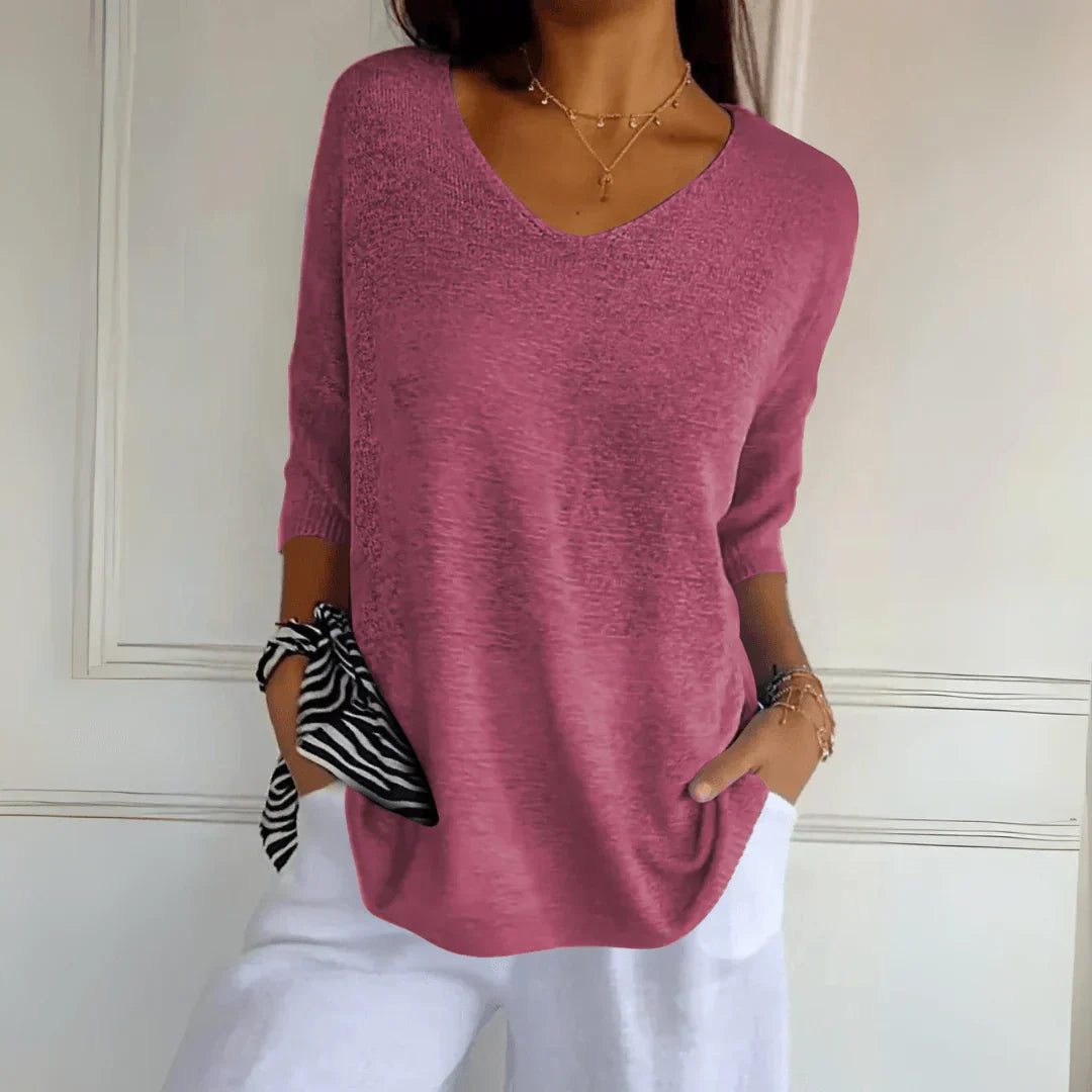 Variant image for Haut Détendu en Viscose et Polyester – Haut Élégant Col en V et Manches Trois Quarts pour Style Quotidien-17