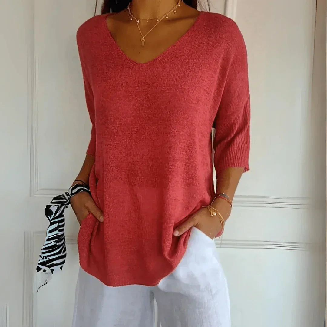 Haut Détendu en Viscose et Polyester – Haut Élégant Col en V et Manches Trois Quarts pour Style Quotidien-1