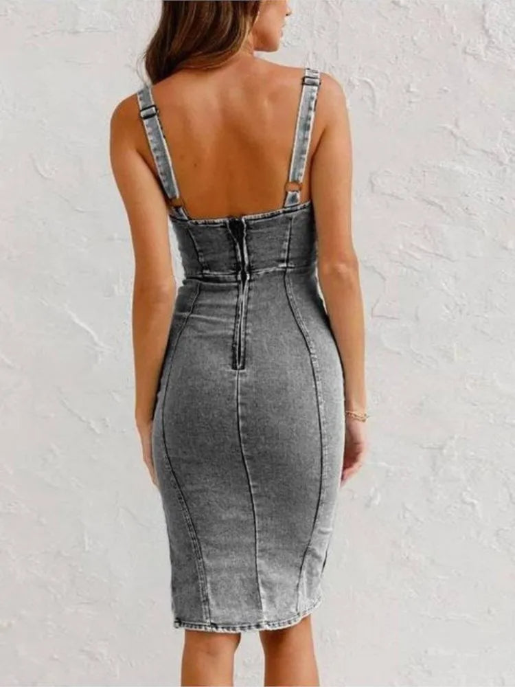 Robe en Jean Femme Midi avec Sangles Réglables et Fente Latérale – Tissu Extensible Confortable et Chic-2