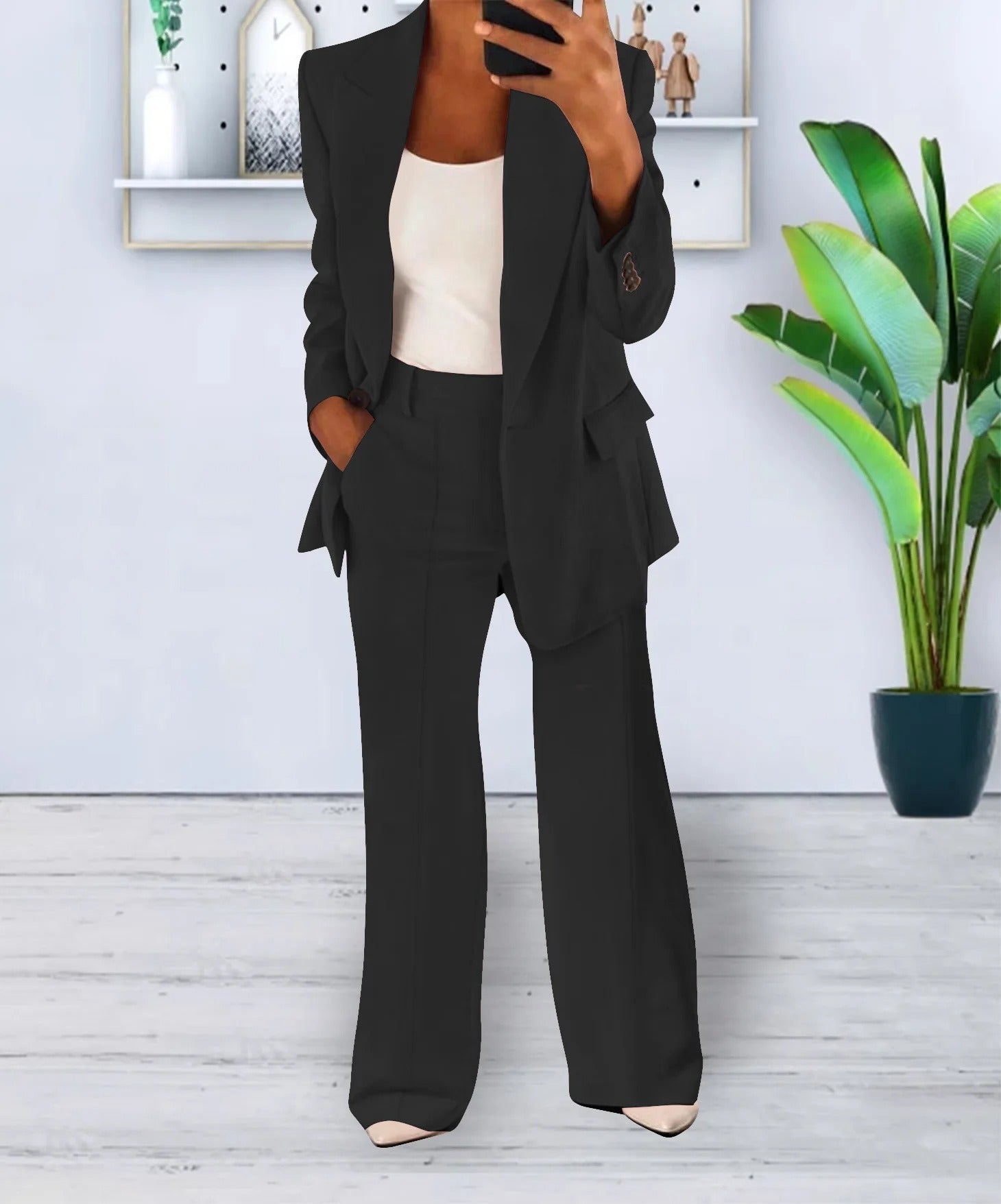 Ensemble Tailleur Femme Blazer Surdimensionné et Pantalon Droit en Polyester Élastique - Élégance et Confort, Tailles XXS à 3XL-1